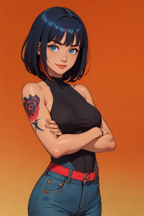 beautiful, (linework:1.1), <lora:detail_slider_v4:1.0>,
1 girl, adult  woman, freckles, blue eyes,  sleek hair,  red ombre, bangs, , 
solo, <lora:GoodHands-beta2:0.8>, (simple background, orange color palette:1.1), color gradient,  tanned skin, shiny skin, smiling, sexy, confident, 
(casual theme:1.1),
upper body,
from front, frontal view,
arms crossed, wide pose, standing,
nude,
tattoos, ribbons,
high contrast,