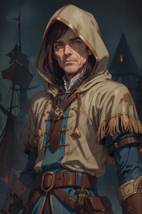 a man in a hoodedie standing in front of a ship