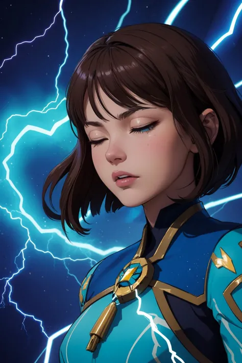 a woman in a blue outfit with lightning in the background