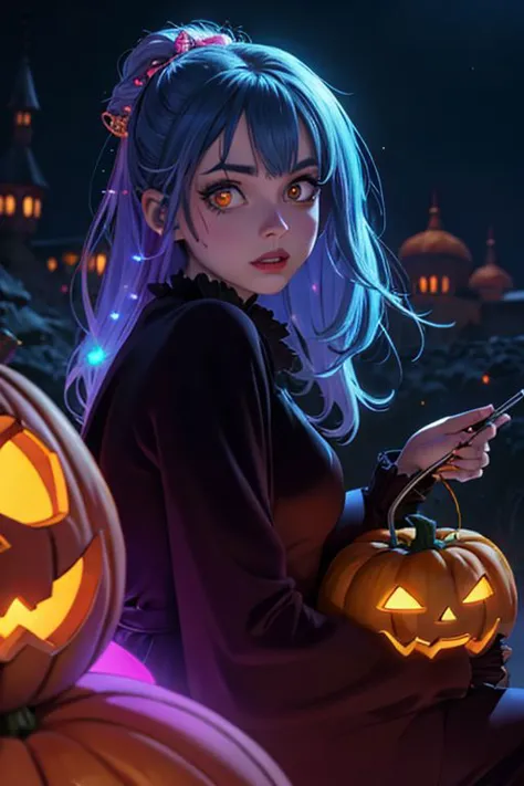 a woman sitting on a bench with a phone next to a pumpkin