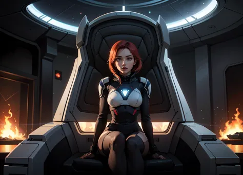 a woman sitting on a chair in front of a large window with a view of a fiery red and blue star, Eve Ryder, mass effect, concept art, space art, epic sci-fi artwork, looking out of the window <lora:epiCRealismHelper:1> <lora:SDXLrender_v1.0:0.6> <lora:popular:1>