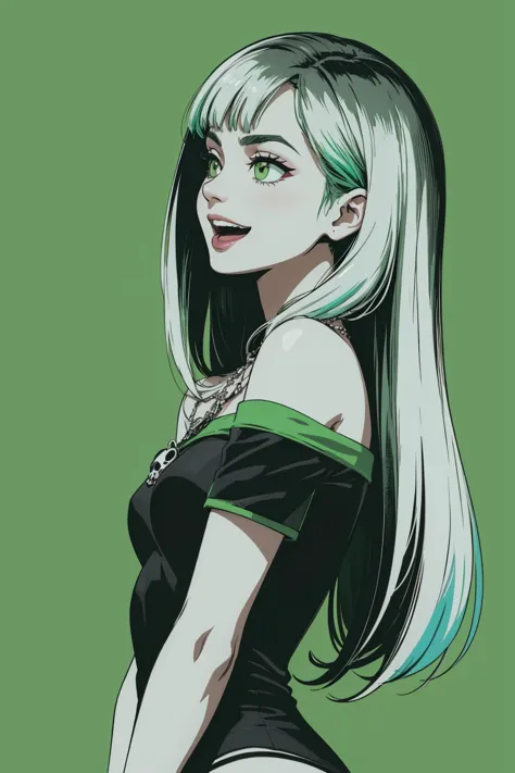 beautiful, (linework:1.1), <lora:detail_slider_v4:1.0>,
1 girl, adult  woman,  jade eyes, white blowout hair, (long hair:1.1), light green ombre, bangs, , 
solo, <lora:GoodHands-beta2:0.8>, (simple background, black color palette:1.2),    shiny skin, laughing,  confident, 
(religious , aristocratic theme:1.0),
upper body,
from side, side view, turning around,
arms crossed, arched back, standing,
t-shirt
		panties,
	offshoulder,
	laces,
	skull symbol, cashmere material,,
bracelet, , necklace, 
colorful,