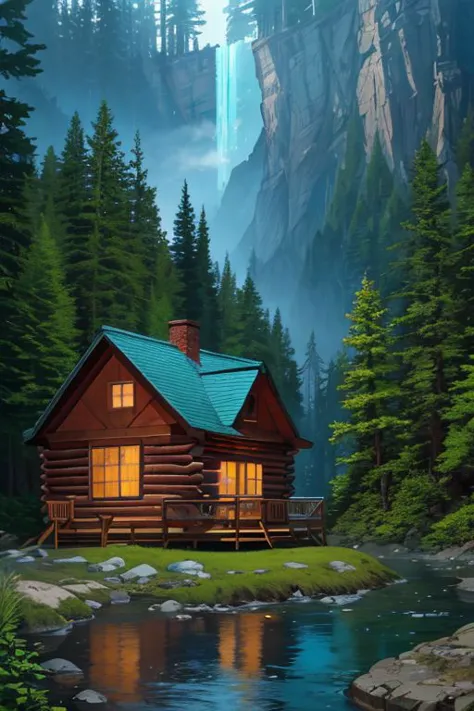 a painting of a cabin in the woods with a waterfall