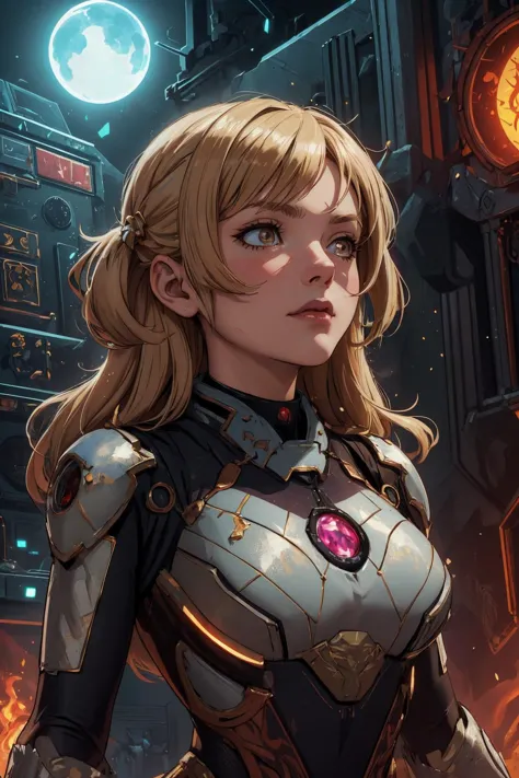 beautiful, (linework:1.1), 1 girl, adult german woman,  ruby eyes, natural blonde prom hairstyle, 
Style-GravityMagic, solo, (full body:0.6), looking up, detailed background, detailed face, (rusty steel, oxidetech theme:1.1), starship engineer, specialist, methodical, futuristic, techwear, , goggles, glowing equipment, technology, , emergency alarms, metallic reflections, , antimatter repulsor, hovering repair drone in background, lens flare, cinematic atmosphere,