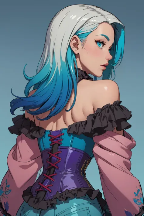 a woman with blue hair and a corset is posing for a picture