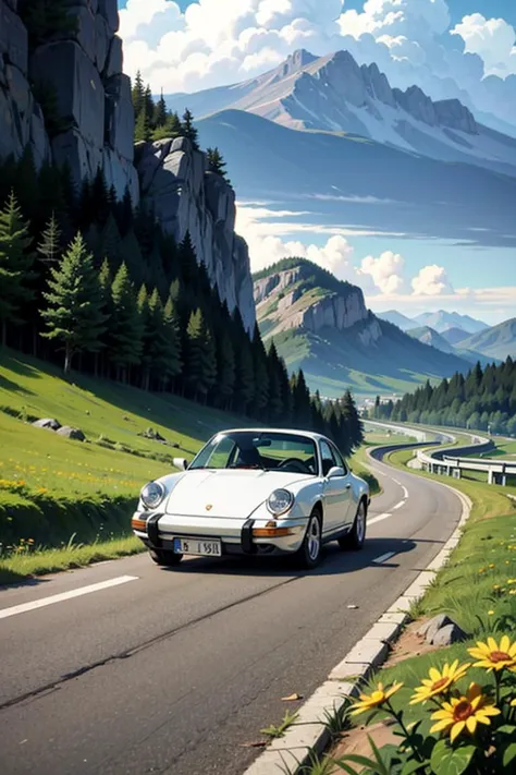 Three-quarters front view of a blue 1977 Porsche 911 coming around a curve in a mountain road and looking over a green valley on a cloudy day. 
<lora:GoodHands-beta2:0.75>