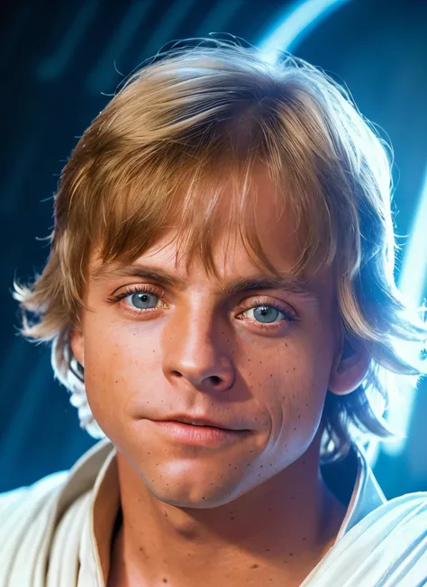 a close up of a young man with a light saber