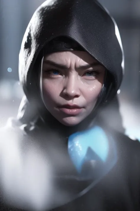 a close up of a person with a hood on and a blue ball