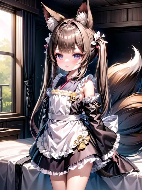 <lora:add_detail:1>, in bedroom, <lora:Amagi-Chan:0.8>, amagi-chan \(azur lane\), purple eyes, fox tail, fox girl, fox ears, brown hair, brown tail in maid outfit, standing, with crossed legs