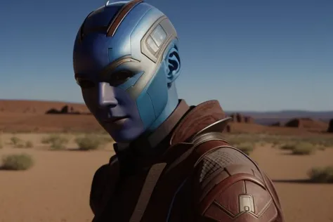 a man in a blue suit and helmet standing in the desert