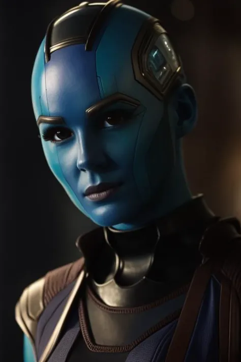 a close up of a woman in a blue costume with a helmet on