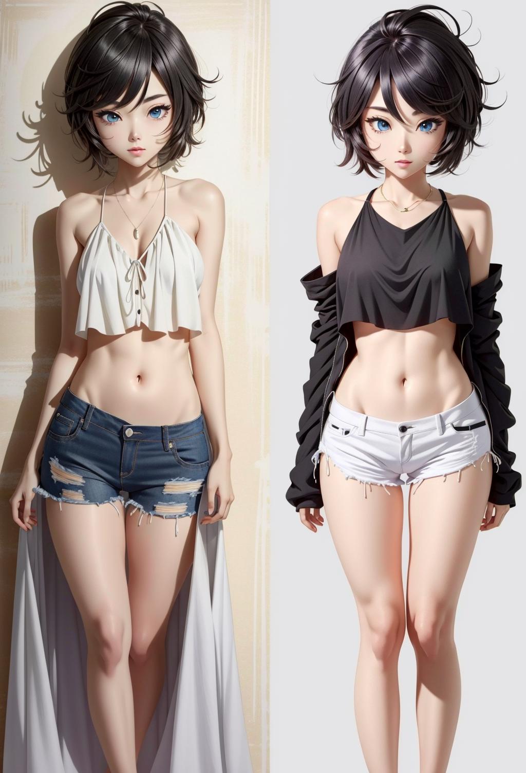 Two pictures of a woman with a very short hair and a very sexy body -  SeaArt AI