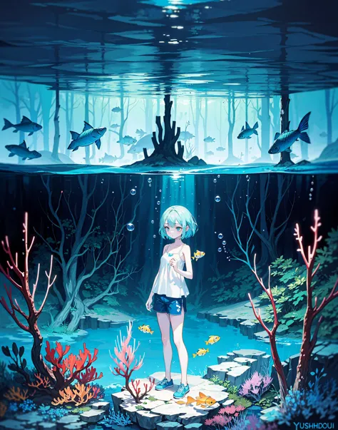 1girl, white camisole, blue shorts, (exquisitely detailed skin), underwater, fishes, plants, fantasy, best shadow,intricate, cin...
