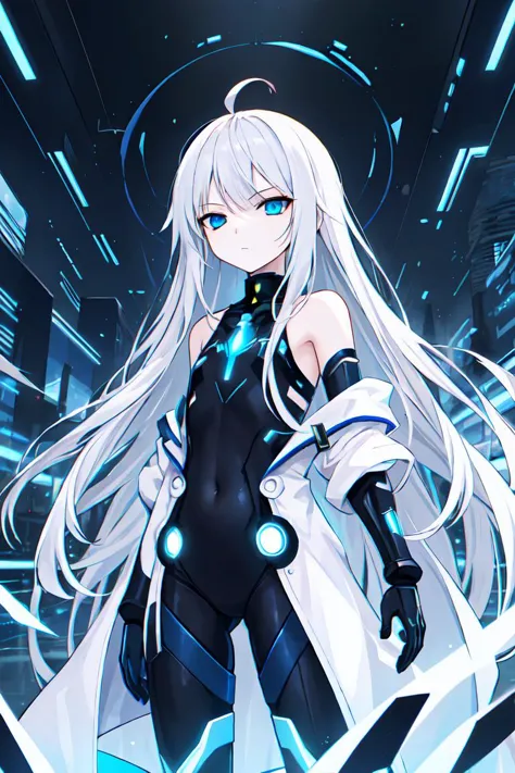 best quality, masterpiece, highly detailed, 1girl, corruption, bodysuit, city background, flat chest, white hair, very long hair...