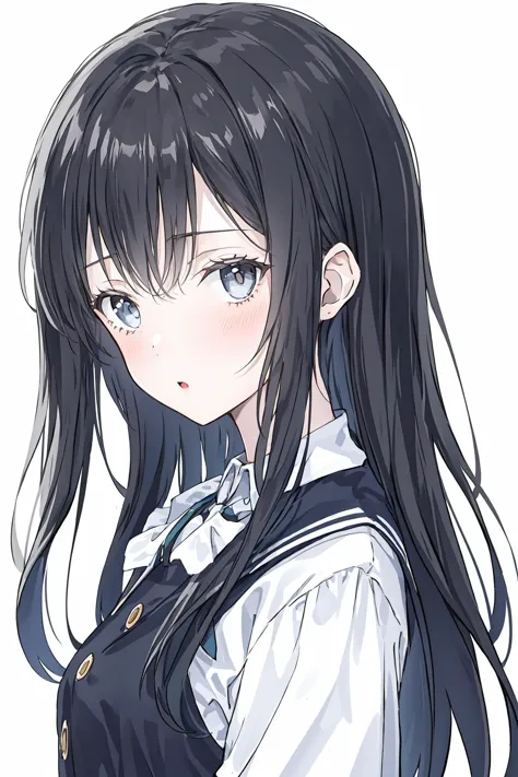 anime girl with long black hair and white shirt and blue eyes