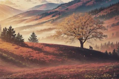 there is a painting of a tree on a hill with a mountain in the background