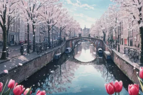 une photo professionnelle du printemps,Amsterdam,Pays-Bas: Amsterdam embrasse le printemps le long de ses canaux historiques,où les tulipes bordent les rues,Les cafés en plein air bourgeonnent de vie,et l'architecture emblématique de la ville est complétée par la floraison des cerisiers et des pommiers.,grand angle,paysage,photoréalisme,irréel 5 jours,extrêmement détaillé,((ultra-tranchant)),((chef-d&#39;œuvre)),((Meilleure qualité)),((ultradétaillé)),((détails complexes)),fond extrêmement détaillé,Ultra réaliste,32k,photo brute,8k,Reflex numérique,éclairage doux,Haute qualité,grain de film,beau et esthétique,extrêmement détaillé,Ombres naturelles,