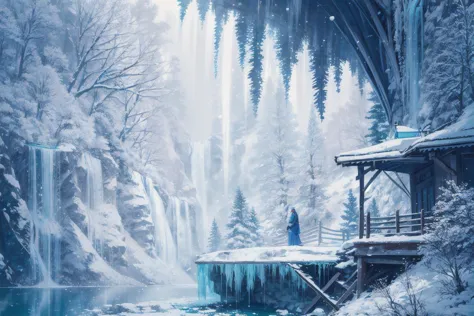 snowy waterfall with a man standing on a bridge in the middle