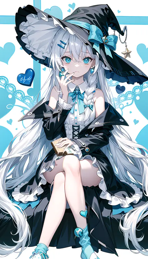 white hair, messy hair, long hair, (expressive eyes, green eyes, glowing eyes),Witch hat,(Many blue chocolates arround her:1.2),switch,
\\
masterpiece,best quality,flat color,offical art,white theme,(ultra-detailed),(illustration),ink and wash painting,blue eyes,cold face,looking_at_viewer,1 girl,solo,[(white hair:1.2):(blue hair:1.2):0.5],long hair,wavy hair,bare shoulder,((cold expression)),black lolita dress,black skirt,cute face,white socks,blue_ inner_hair,shawl,thighs,anklet,femoral ring,braid, chocolate, hairclip, closed mouth, holding food,+_+, earrings, heart hair ornament, looking at viewer, piercing, braid, smile,crossed legs