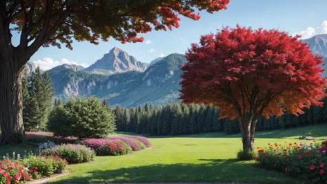 trees and flowers in a field with mountains in the background