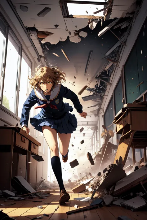 a woman in a school uniform running through a room with debris