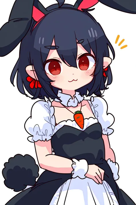 skistyle, 1girl, inaba tewi, animal ears, dress, rabbit ears, black hair, pink dress, short hair, tail, rabbit tail, frilled sle...