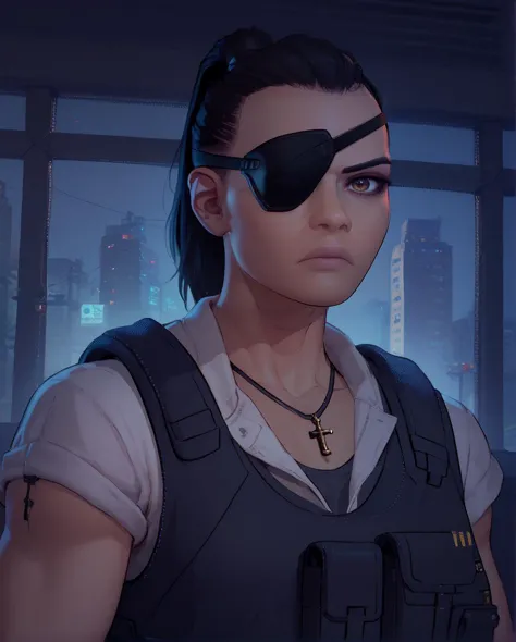 a woman in a black eye patch and a white shirt