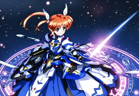 <lora:nanoha:0.8>,nanoha,1girl,super fine illustration,masterpiece,best quality,solo,gloves,armor,dress,puffy sleeves,long sleev...