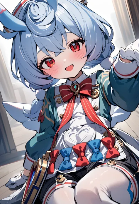 anime girl with blue hair and a bow tie sitting on a chair