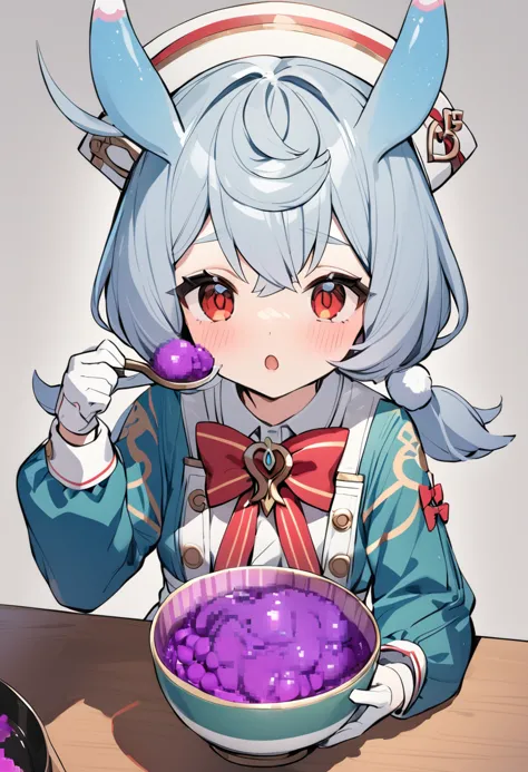 anime girl with horns eating purple food in bowl on table