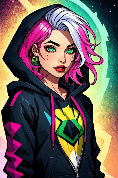 a cartoon girl with pink hair and a hoodie