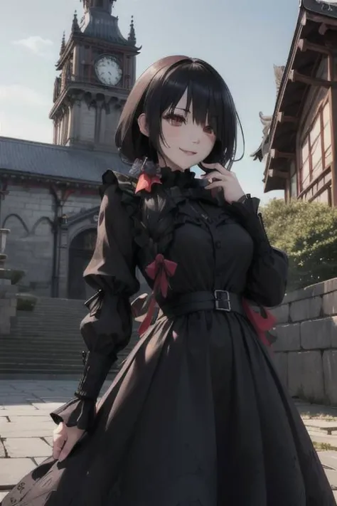 masterpiece, (Best quality:1.2), highres, (scenary:1.2), light, OverallDetail, (KurumiBlack:1.2), hair over one eye, low twintails, hair bow, black dress, standing, Epic scene, portrait, (Temple setting, giant clock, stone tower), Evil smile,