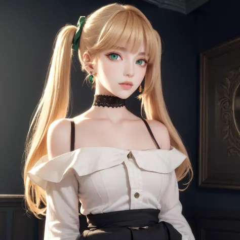 (masterpiece, best quality, 1girl, solo, intricate details, chromatic aberration), tarte,(realistic),(skin), ((breath)),(blond hair,blunt bangs),twintails,hair ribbon,detailed hair, red head ornament, blue highlights, hair over one eye,((green eyes)), earrings, sharp eyes, choker, ((Crop  Off shoulder Oversized shirt:1.2)), short skirt , open waist,((symmetry eyes)),(Finely Detailed Beautiful eyes:1.2), Glowing eyes,((perfect symmetrical body)),(pureerosface_v1:0.3), night,(((natural light))),backlighting,against grey  wall, dim lighting ,look at viewer,((centered shot, from front,(face and waist))),<lora:koreanDollLikeness_v15:0.2>, <lora:tarteTheWorldsFinest_detachedCollar:0.55>