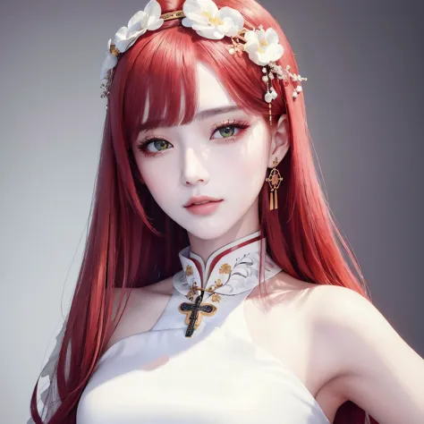 (masterpiece, best quality, 1girl, solo, intricate details, chromatic aberration), (Portraits:1.4),(realistic), (pureerosface_v1:0.3),((medium breath)),pink long hair,red head ornament, red highlights,green eyes, earrings,sharp eyes, extremely detailed eyes,(perfect symmetrical body), (pureerosface_v1:0.3),choker, opened jacket,(((white Chinese Cheongsam))),against wall,, dim lighting ,look at viewer,  ,<lora:koreanDollLikeness_v15:0.2>