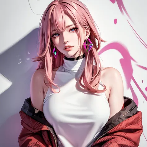 anime - style image of a woman with pink hair and a white top