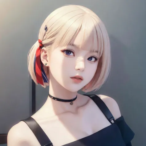 (masterpiece, best quality, 1girl, solo, intricate details, chromatic aberration), chisato nishikigi,(realistic),(skin), ((breath)),(short blond hair,blunt bangs),hair ribbon,detailed hair, red head ornament, blue highlights, hair over one eye,(crimson eyes), earrings, sharp eyes, choker, (crop Off-shoulder Oversized shirt:1.3), short skirt,open waist,((symmetry eyes)),((perfect symmetrical body)),(pureerosface_v1:0.3), night,(((natural light))),backlighting,against grey  wall, dim lighting ,look at viewer,((centered shot, from front,(face and waist))),motion_blur,<lora:koreanDollLikeness_v15:0.5>, <lora:chisatoNishikigi_v09:0.5>