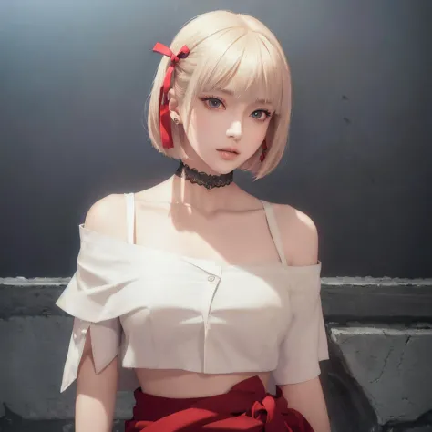 (masterpiece, best quality, 1girl, solo, intricate details, chromatic aberration), chisato nishikigi,(realistic),(skin), ((breath)),(short blond hair,blunt bangs),hair ribbon,detailed hair, red head ornament, blue highlights, hair over one eye,(crimson eyes), earrings, sharp eyes, choker, (crop Off-shoulder Oversized shirt:1.3), short skirt,open waist,((symmetry eyes)),((perfect symmetrical body)),(pureerosface_v1:0.3), night,(((natural light))),backlighting,against grey  wall, dim lighting ,look at viewer,((centered shot, from front,(face and waist))),motion_blur,<lora:koreanDollLikeness_v15:0.5>, <lora:chisatoNishikigi_v09:0.5>