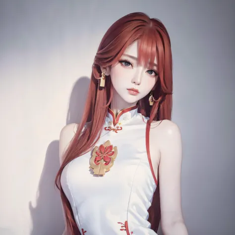 a close up of a woman with long red hair wearing a white dress