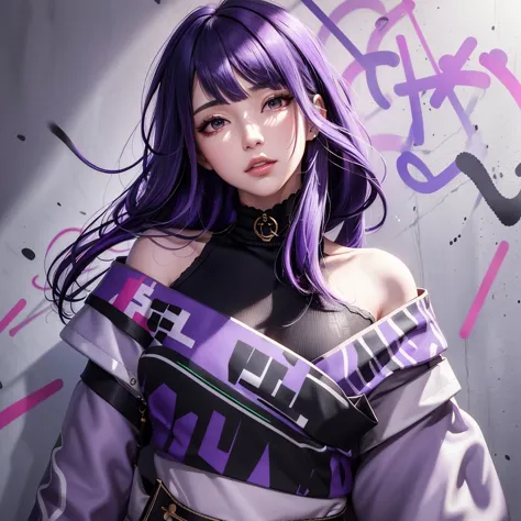 (masterpiece, best quality, 1girl, solo, intricate details, chromatic aberration), realistic, ((medium breath)),long hair, purple hair, purple head ornament, purple highlights, hair over one eye, green eyes, sharp eyes, choker, neon shirt, torn legwear, open jacket, turtleneck sweater, against wall, brick wall, graffiti, dim lighting, alley ,look at viewer, <lora:raidenShogunRealistic_raidenshogunHandsfix:0.45>, <lora:koreanDollLikeness_v15:0.2>