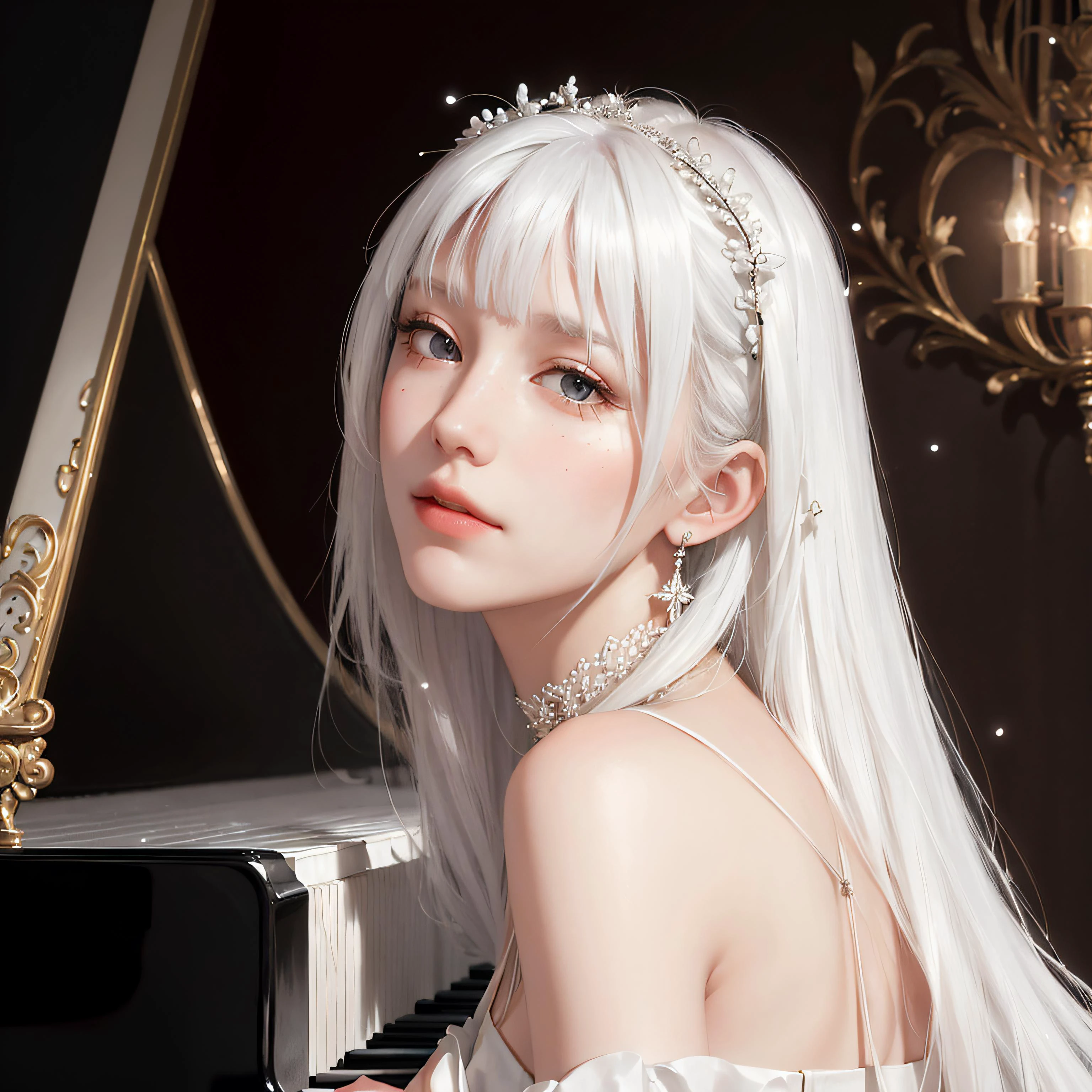 1girl, solo, long hair, piano, instrument, black eyes, dress, white dress, white hair, looking at viewer, light particles, closed mouth, indoors, jewelry, sleeveless, bare shoulders, bangs, from side, head rest on piano, head tilt,perfect symmetrical body