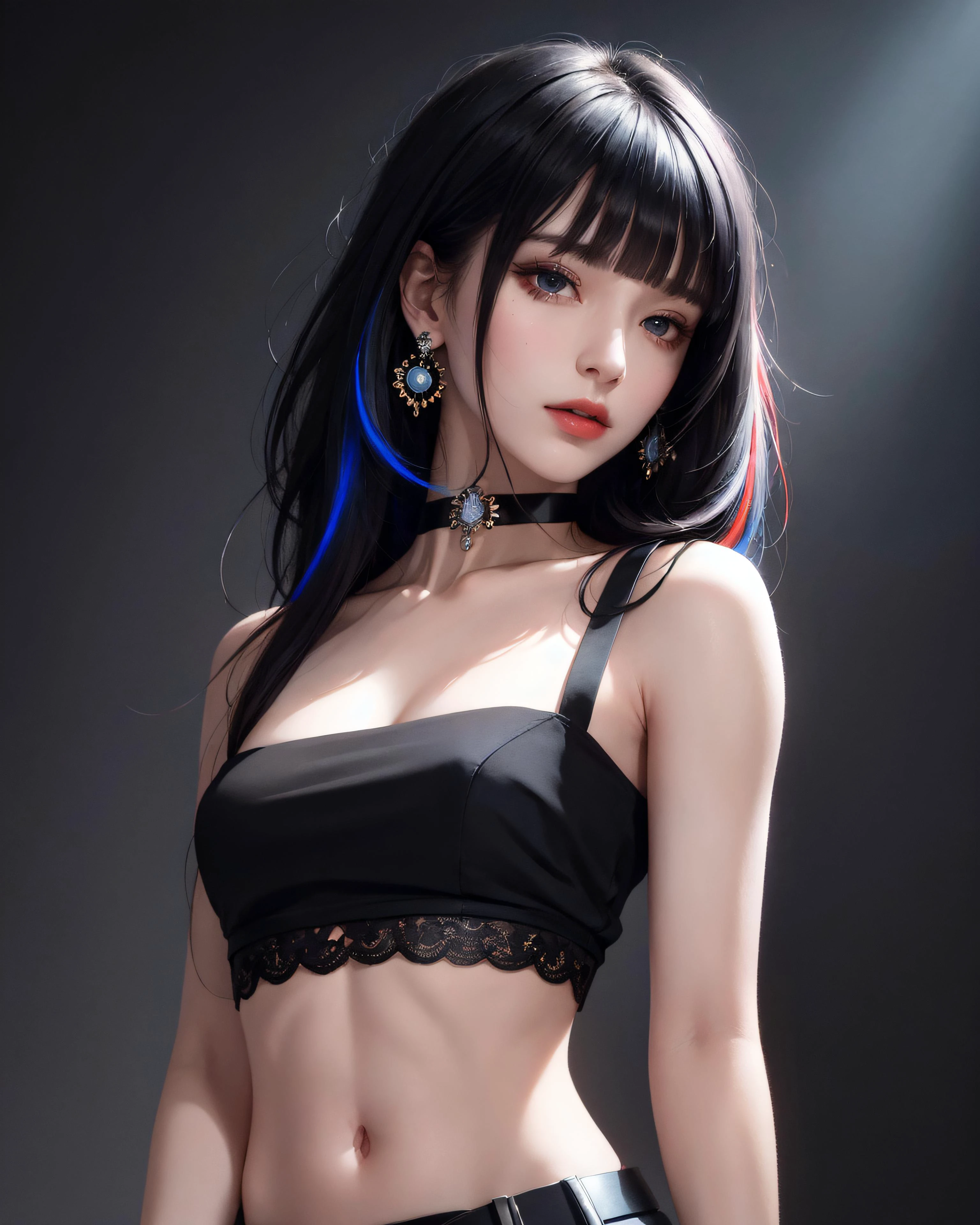 (masterpiece, best quality, 1girl, solo, intricate details, chromatic aberration), (realistic),(skin), ((breath)),(black hair,blunt bangs),detailed hair, red head ornament, blue highlights, hair over one eye,black eyes, small earrings, sharp eyes, choker,((black crop top )),(black skirt),(belt),open waist,(symmetry eyes),(perfect symmetrical body), night,(((natural light))),backlighting,against grey  wall, dim lighting ,look at viewer,((centered shot, from front,(face and waist)))