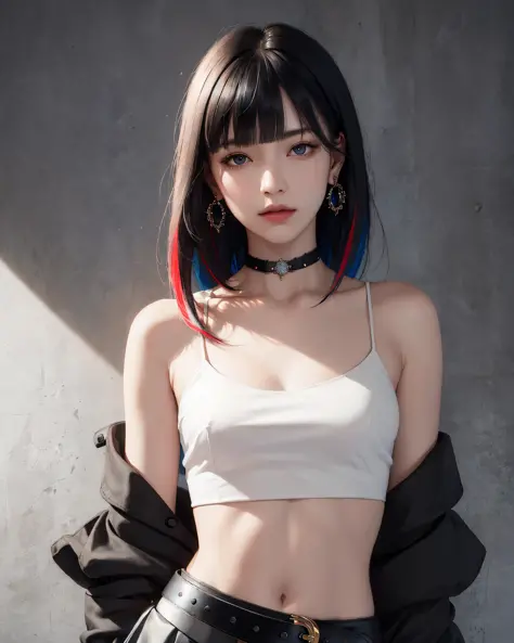 (masterpiece, best quality, 1girl, solo, intricate details, chromatic aberration), (realistic),(skin), ((breath)),(black hair,blunt bangs),detailed hair, red head ornament, blue highlights, hair over one eye,black eyes, small earrings, sharp eyes, choker,(...