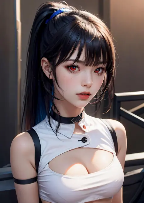 (masterpiece, best quality, 1girl, solo, intricate details, chromatic aberration), (realistic),(skin),1girl shizuku high ponytail, ((medium breath)),(black hair,blunt bangs),detailed hair, red head ornament, blue highlights, hair over one eye,red eyes, sharp eyes, choker,((black crop top cleavage cutout )),jeans,(symmetry eyes),(perfect symmetrical body), night,(((natural light))),backlighting,against grey  wall, dim lighting ,standing,(look at viewer),((centered shot, from front,(face and waist))), <lora:shizuku_yaegashi:0.9>