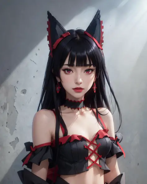 (masterpiece, best quality, 1girl, solo, intricate details, chromatic aberration), (realistic),(skin),((rory mercury)), ((breath)),(black hair,blunt bangs),detailed hair, red head ornament, blue highlights, hair over one eye,red eyes, small earrings, sharp...