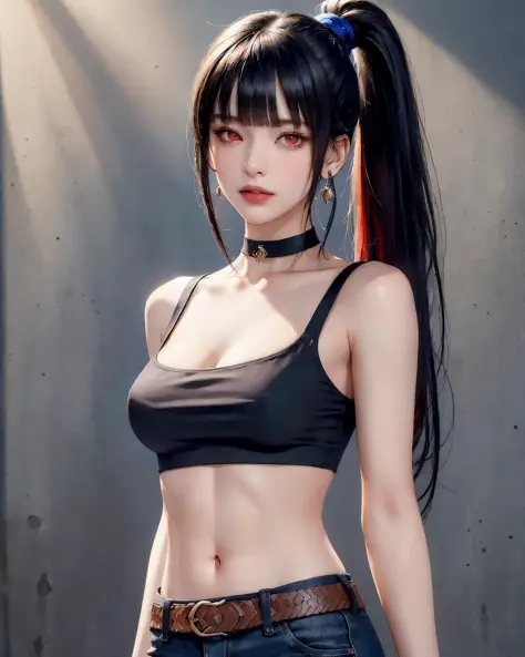 (masterpiece, best quality, 1girl, solo, intricate details, chromatic aberration), (realistic),(skin),1girl shizuku high ponytail, ((medium breath)),(black hair,blunt bangs),detailed hair, red head ornament, blue highlights, hair over one eye,red eyes, sma...
