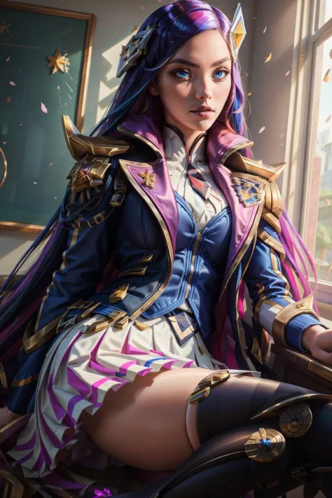 (obra de arte, melhor qualidade:1.2), detalhes intrincados, academia de batalha caitlyn, 1 garota, cabelo multicolorido, hair ornament, , saia, coxas, jaqueta, olhos azuis