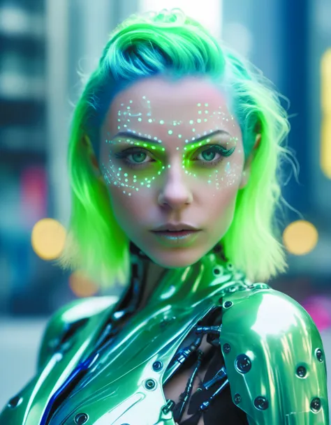 close portrait photograph of a translucent green glowing mechanical female, blue hair, front camera action pose, looking at view...