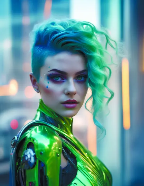 Nahaufnahme-Porträtfoto einer durchscheinend grün leuchtenden mechanischen Frau, Blaue Haare, Frontkamera-Action-Pose, Betrachter betrachten, Detaillierte Cyberpunk-Stadt im Hintergrund, Meisterwerk, professionelle Mode-Kino, 35mm Film, 35mm Fotografie, Film, Fotorealismus, DSLR, 8k uhd, HDR, ultra-detailliert, gute Qualität, Hoher Kontrast,