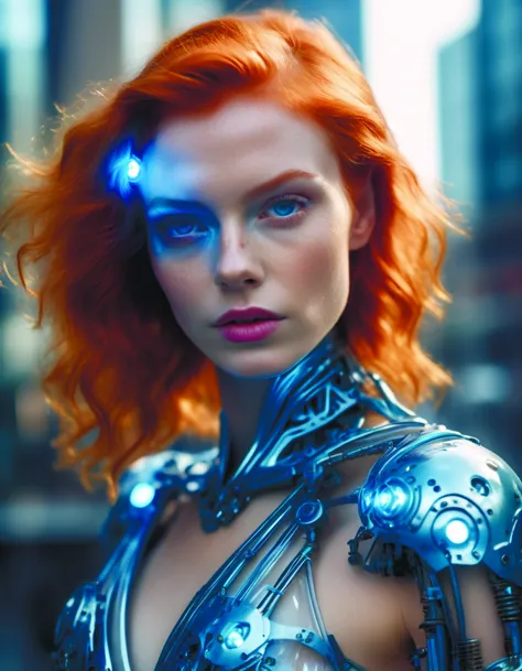 a woman with red hair and blue eyes in a futuristic outfit