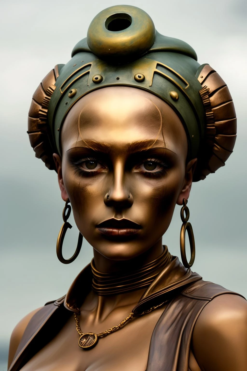 a woman with a bronze head , Enki Bilal, fashion photography ,